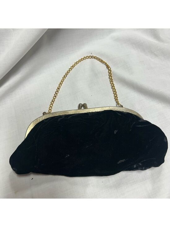 Source Unknown Handbags - Vintage Black Velvet Purse Gold Color Strap 1960s Evening Bag